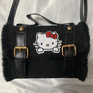 small black hello kitty bag w faux fur leather and gold hardware